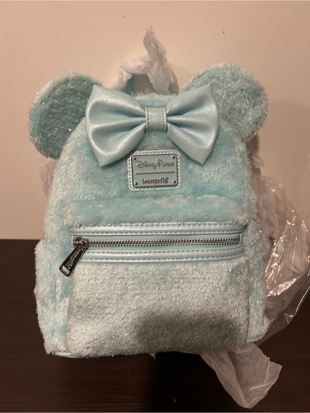 Disney Parks Loungefly Light Blue Sparkle Mouse Ear Mini Backpack with Bow